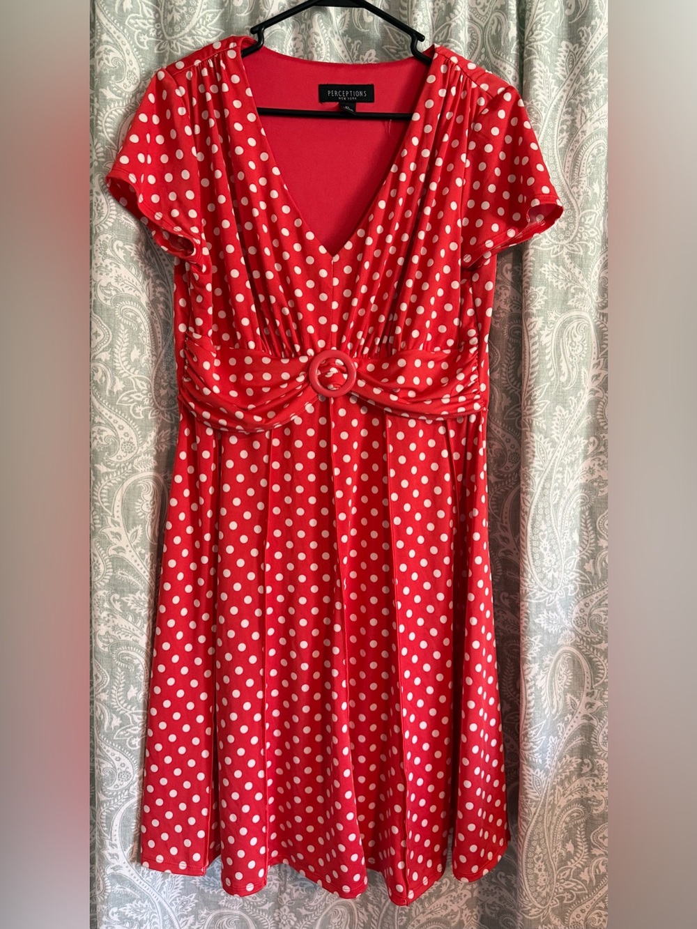 Perceptions New York Red White Polka Dot V-Neck O-Ring Midi Dress Size XL